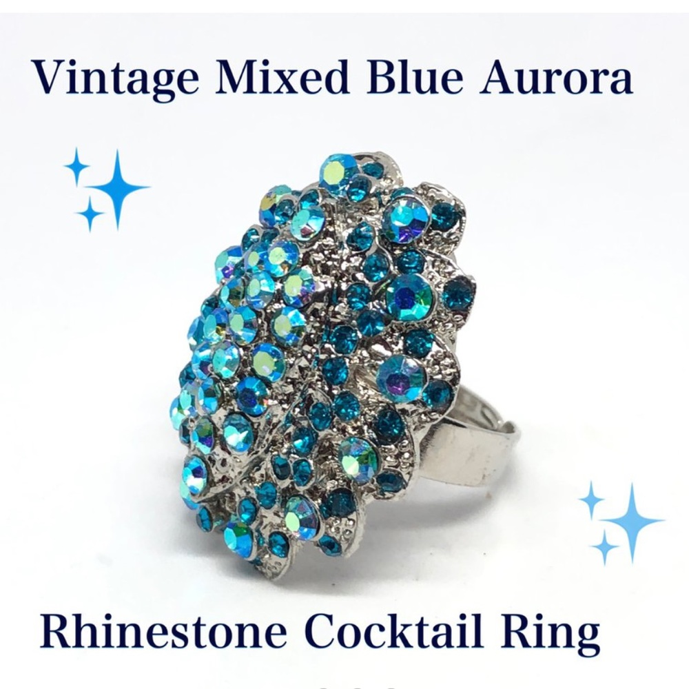 🆕Vintage Mixed Blue Aurora Rhinestone Cocktail Ring